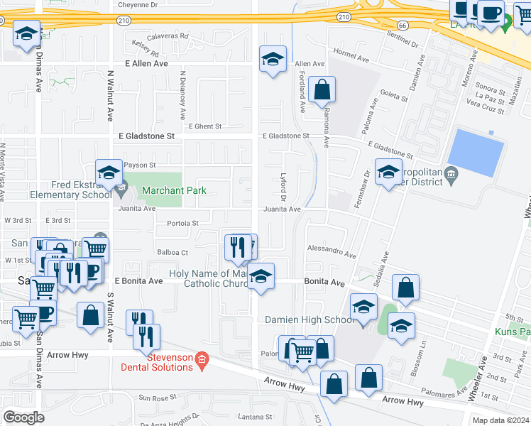 map of restaurants, bars, coffee shops, grocery stores, and more near 734 East Juanita Avenue in La Verne
