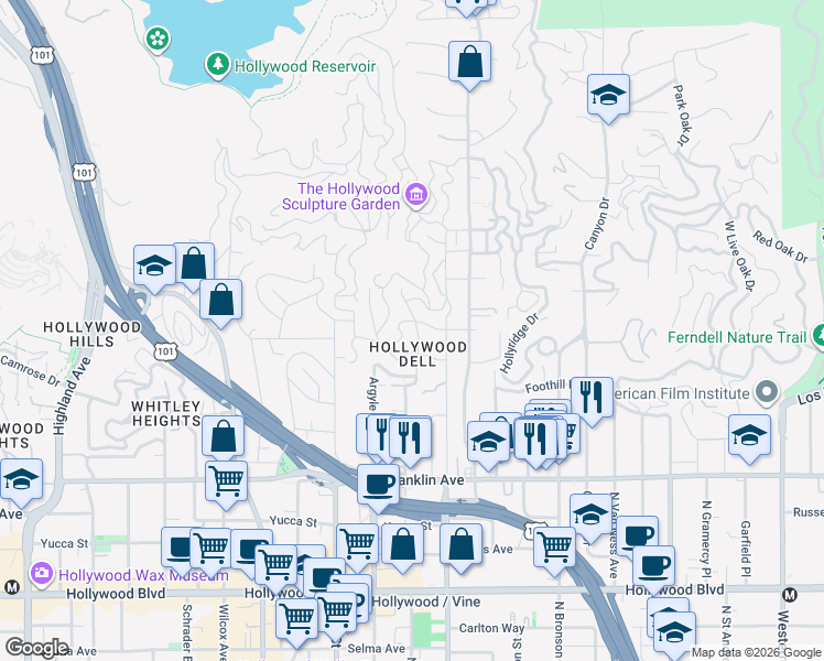 map of restaurants, bars, coffee shops, grocery stores, and more near 2175 Vista Del Mar Avenue in Los Angeles
