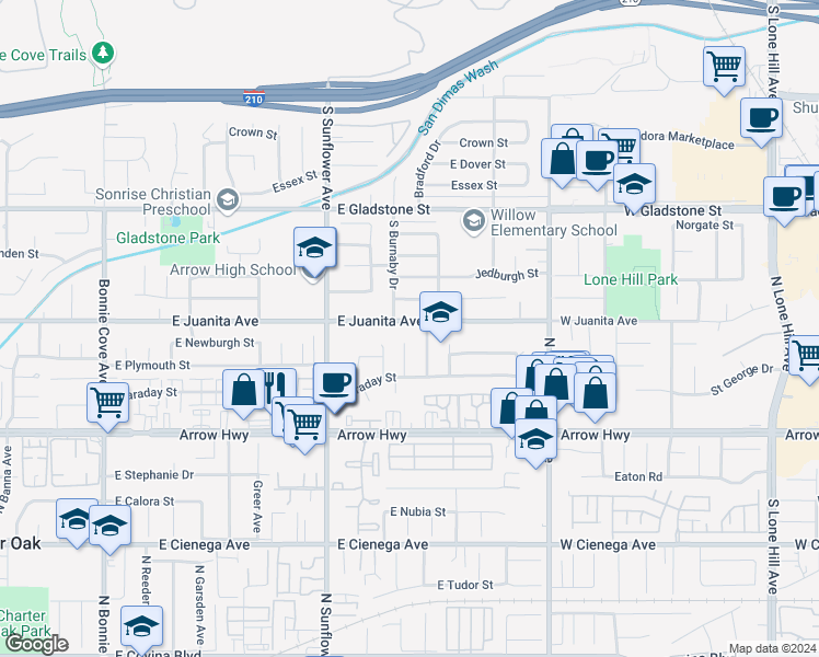 map of restaurants, bars, coffee shops, grocery stores, and more near 1032 East Juanita Avenue in Glendora