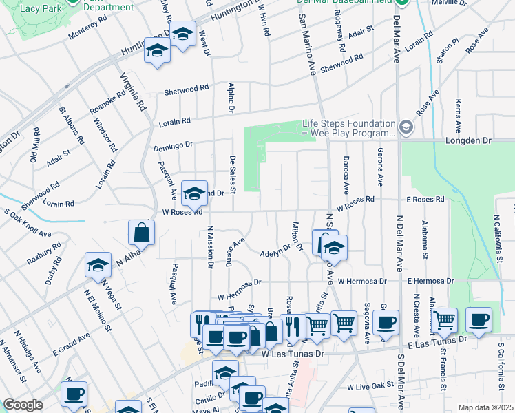 map of restaurants, bars, coffee shops, grocery stores, and more near 603 West Roses Road in San Gabriel