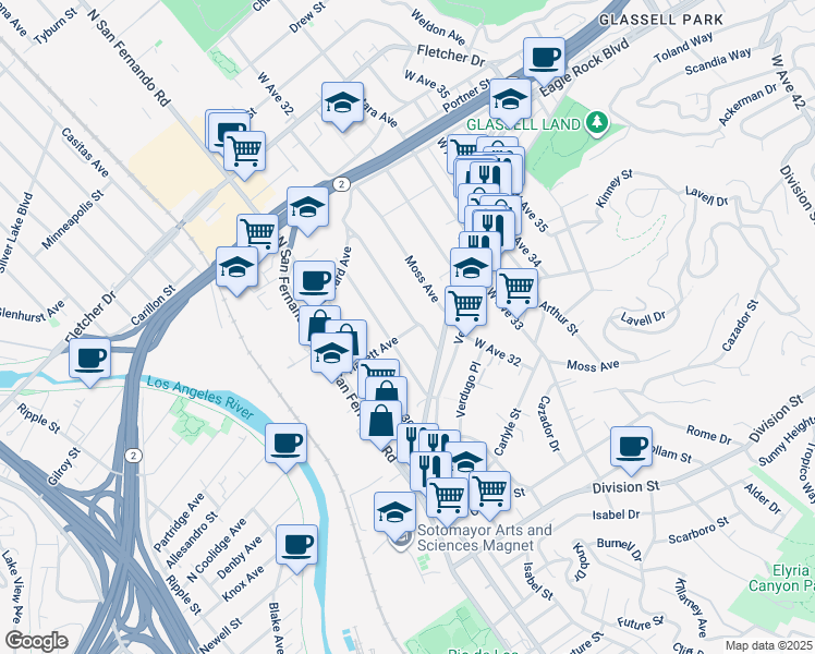 map of restaurants, bars, coffee shops, grocery stores, and more near 2652 West Avenue 32 in Los Angeles