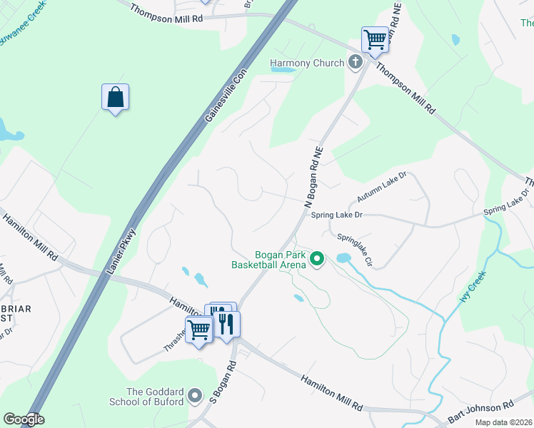 map of restaurants, bars, coffee shops, grocery stores, and more near 4241 Friar Tuck Lane in Buford