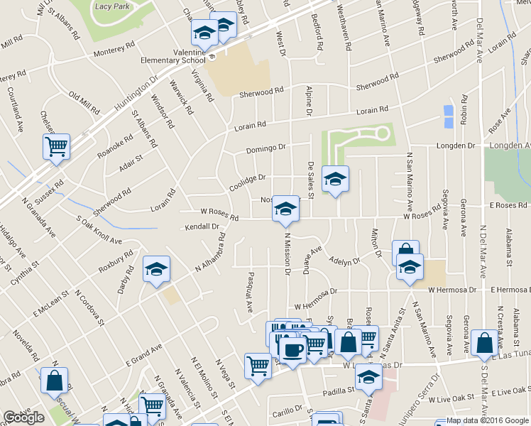 map of restaurants, bars, coffee shops, grocery stores, and more near 825 West Roses Road in San Gabriel