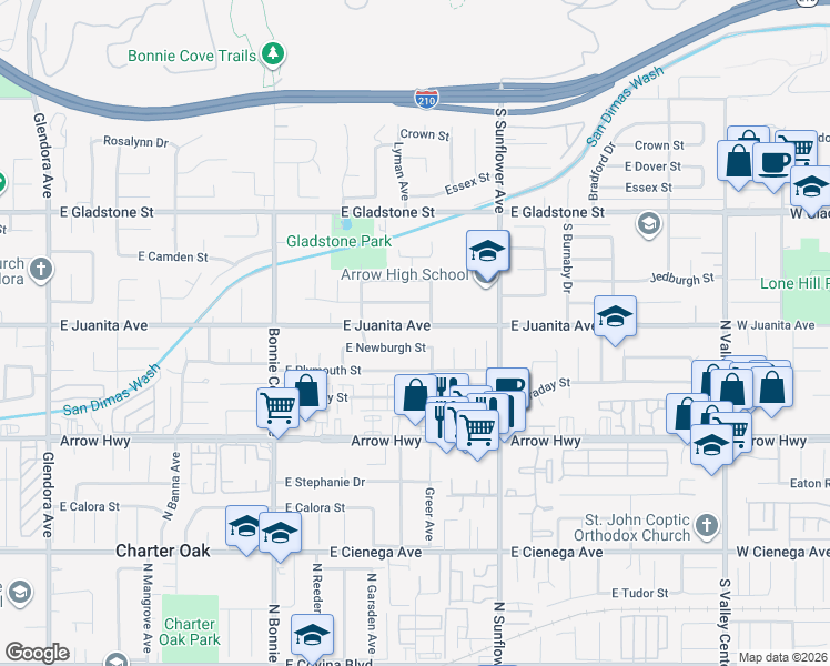 map of restaurants, bars, coffee shops, grocery stores, and more near 736 East Juanita Avenue in Glendora