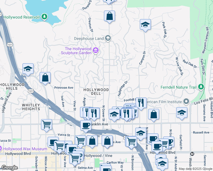 map of restaurants, bars, coffee shops, grocery stores, and more near in Los Angeles