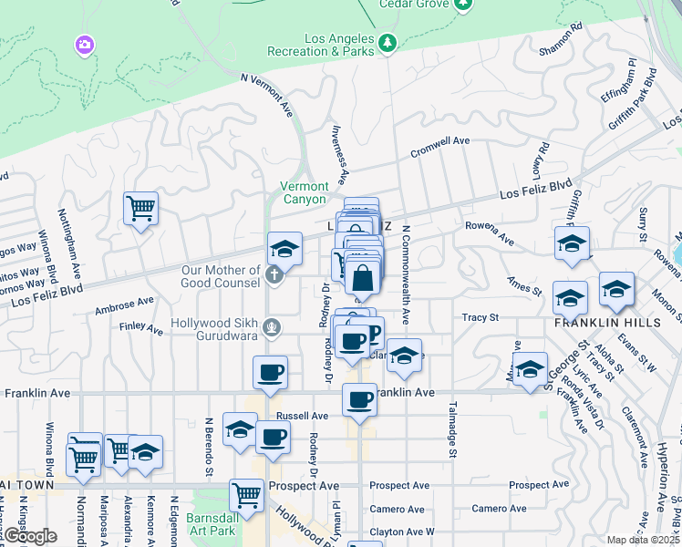 map of restaurants, bars, coffee shops, grocery stores, and more near 4525 Ambrose Avenue in Los Angeles