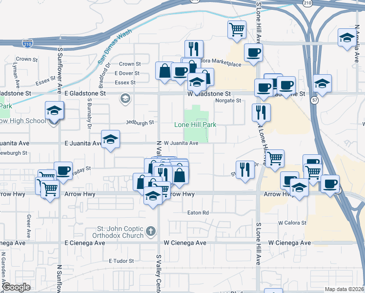 map of restaurants, bars, coffee shops, grocery stores, and more near 1410 West Juanita Avenue in San Dimas