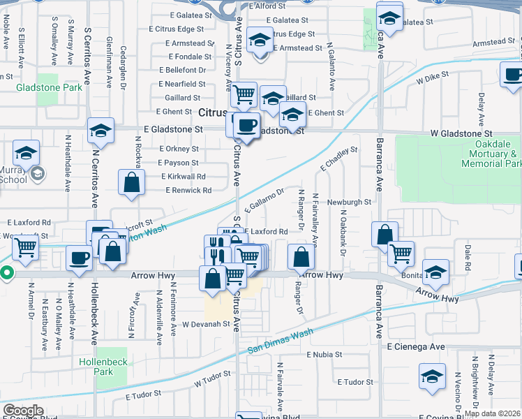 map of restaurants, bars, coffee shops, grocery stores, and more near 5363 South Grantland Drive in Covina