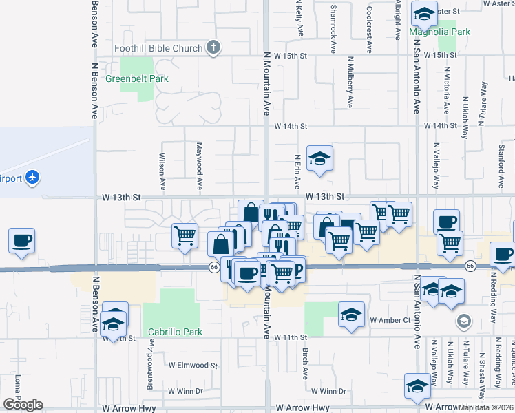 map of restaurants, bars, coffee shops, grocery stores, and more near 1244 Edgewood Lane in Upland