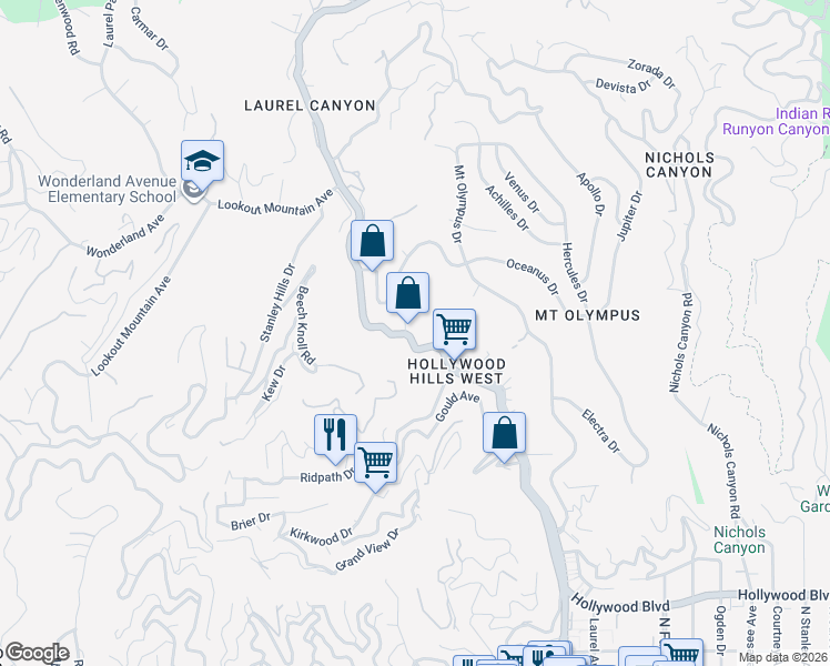 map of restaurants, bars, coffee shops, grocery stores, and more near 2180 Laurel Canyon Boulevard in Los Angeles