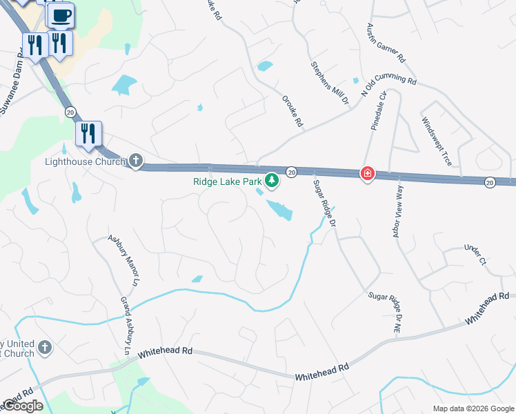 map of restaurants, bars, coffee shops, grocery stores, and more near 5649 Snowy Orchid Drive in Sugar Hill