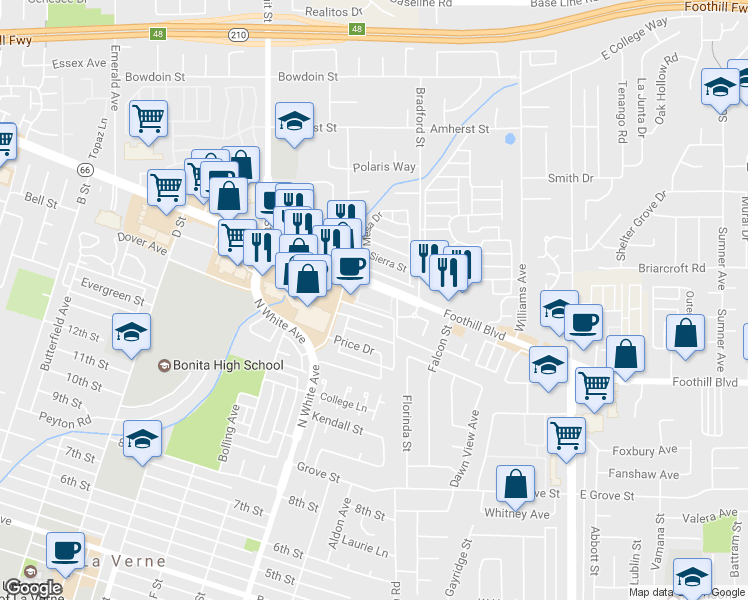 map of restaurants, bars, coffee shops, grocery stores, and more near 2529 Hayes Drive in La Verne
