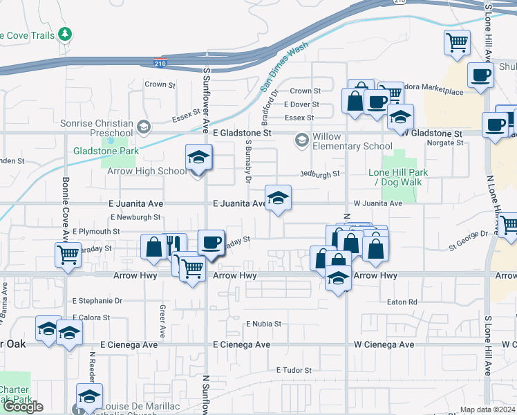 map of restaurants, bars, coffee shops, grocery stores, and more near 1032 East Juanita Avenue in Glendora