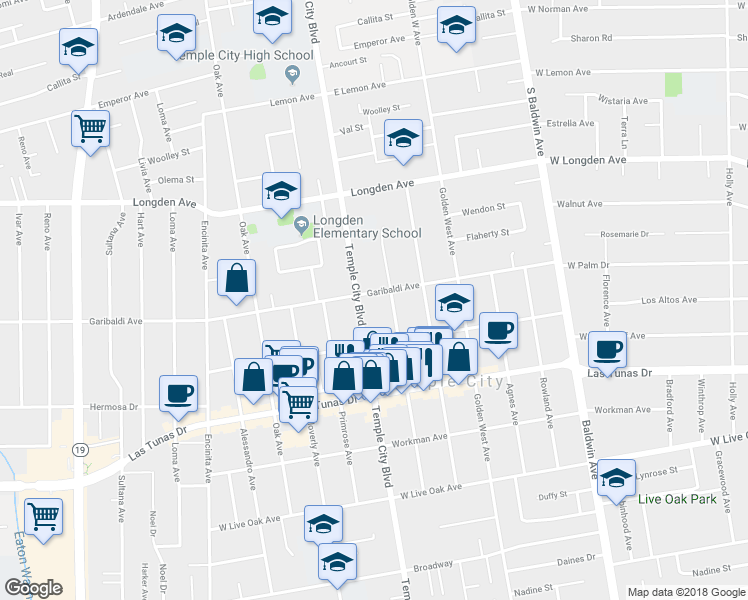 map of restaurants, bars, coffee shops, grocery stores, and more near 6050 Temple City Boulevard in Temple City