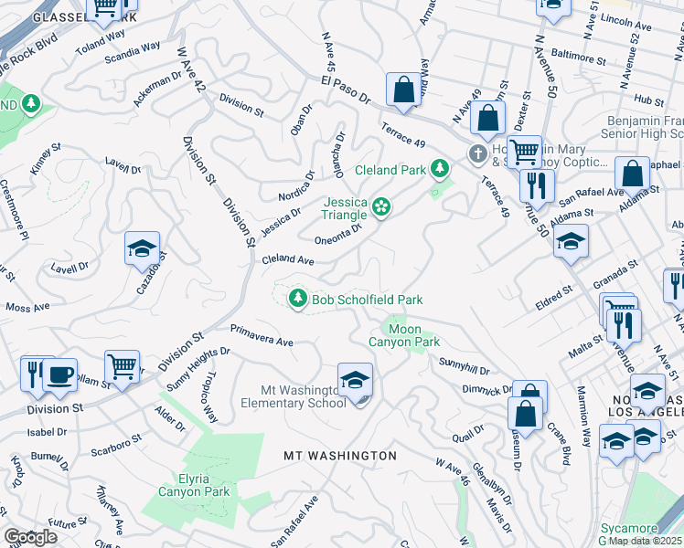 map of restaurants, bars, coffee shops, grocery stores, and more near 4541 San Andreas Avenue in Los Angeles