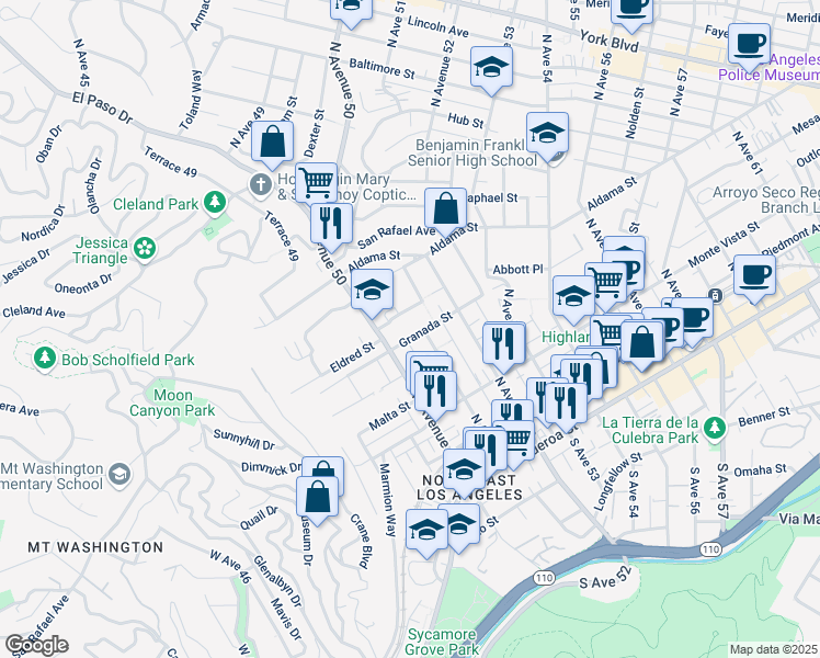 map of restaurants, bars, coffee shops, grocery stores, and more near 5031 Granada St in Los Angeles