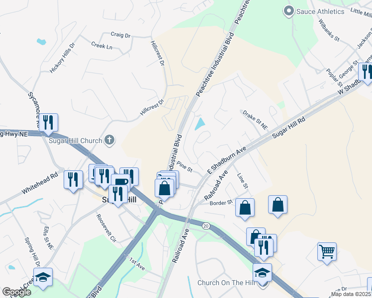 map of restaurants, bars, coffee shops, grocery stores, and more near 1375 Peachtree Industrial Boulevard in Sugar Hill