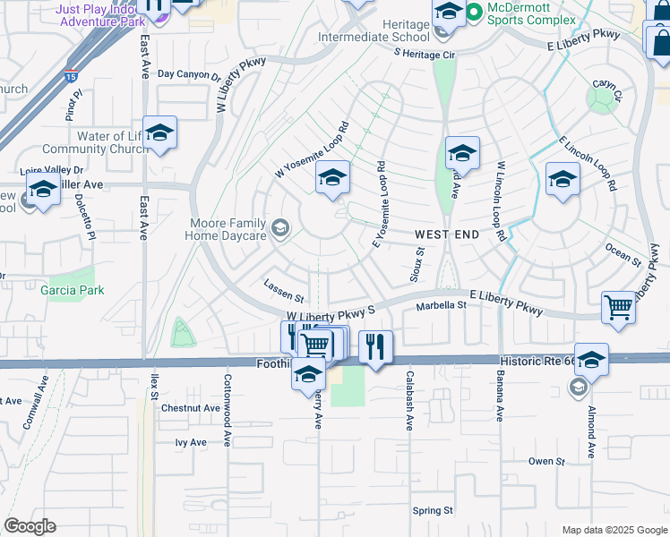 map of restaurants, bars, coffee shops, grocery stores, and more near 7895 Tapia Street in Fontana