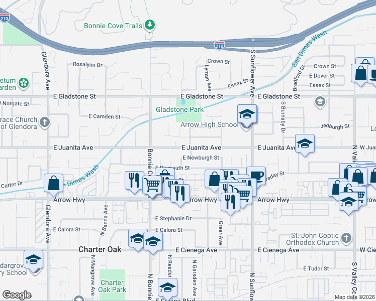 map of restaurants, bars, coffee shops, grocery stores, and more near 630 East Juanita Avenue in Glendora