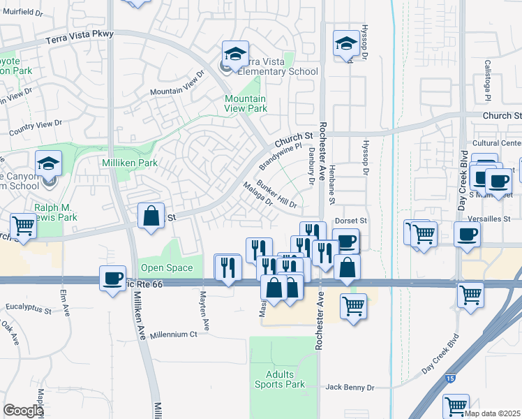 map of restaurants, bars, coffee shops, grocery stores, and more near 11755 Malaga Drive in Rancho Cucamonga