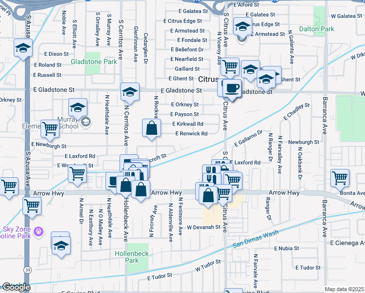 map of restaurants, bars, coffee shops, grocery stores, and more near 18321 East Woodcroft Street in Azusa
