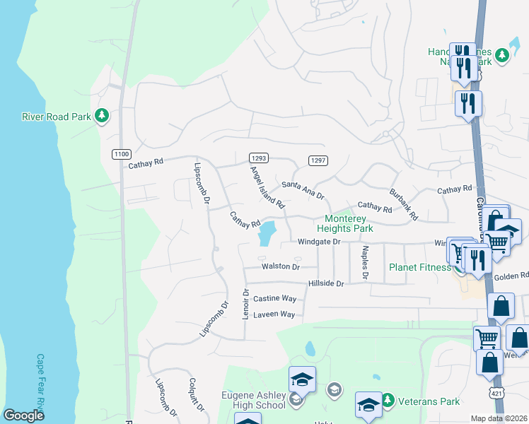 map of restaurants, bars, coffee shops, grocery stores, and more near 506 State Road 1276 in Wilmington