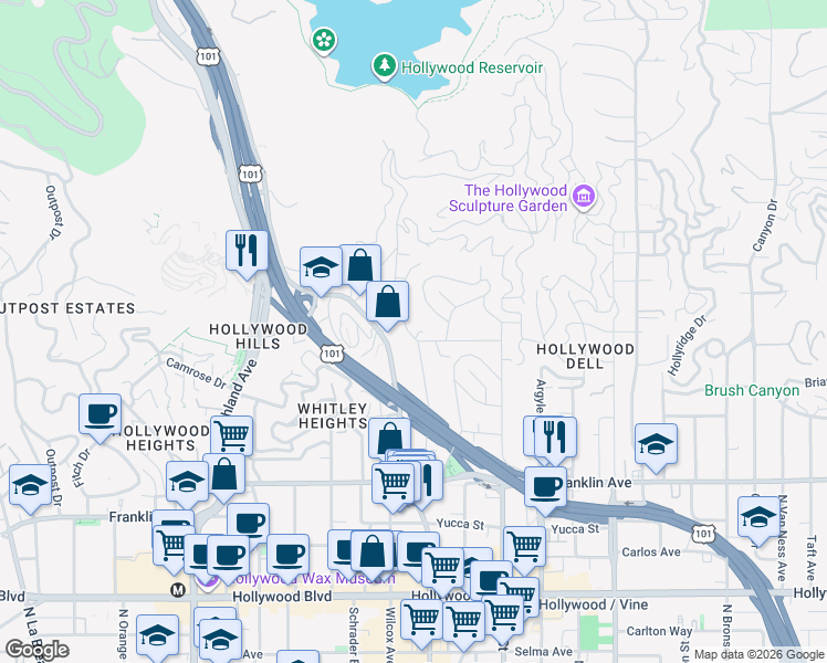 map of restaurants, bars, coffee shops, grocery stores, and more near 2146 Holly Drive in Los Angeles