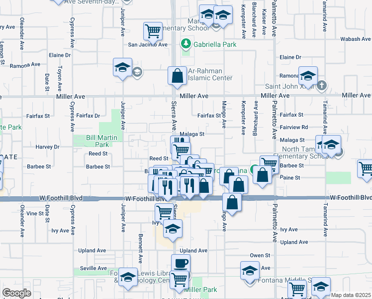 map of restaurants, bars, coffee shops, grocery stores, and more near 16940 Reed Street in Fontana