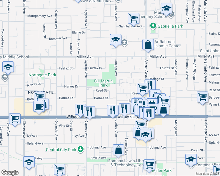map of restaurants, bars, coffee shops, grocery stores, and more near 7919 Sewell Avenue in Fontana