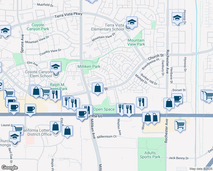 map of restaurants, bars, coffee shops, grocery stores, and more near 11450 Church Street in Rancho Cucamonga