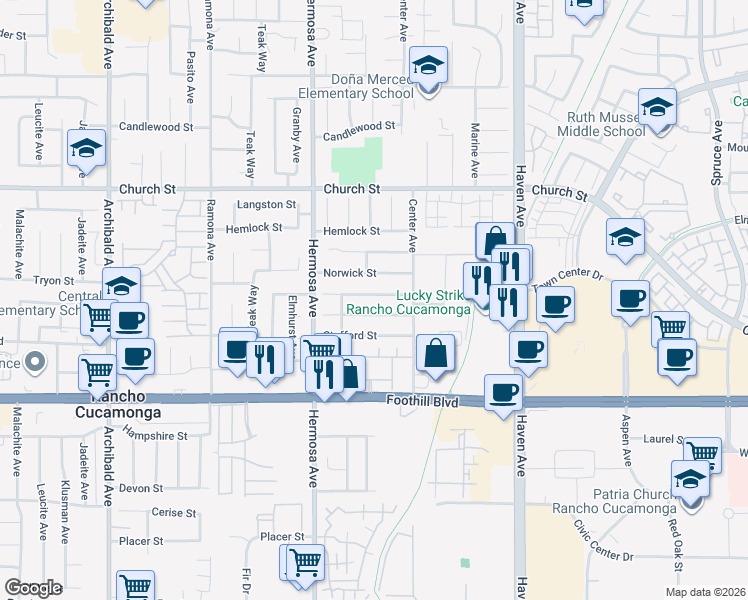 map of restaurants, bars, coffee shops, grocery stores, and more near 10229 Effen Street in Rancho Cucamonga