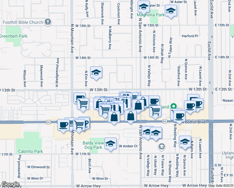 map of restaurants, bars, coffee shops, grocery stores, and more near 959 West Pine Street in Upland