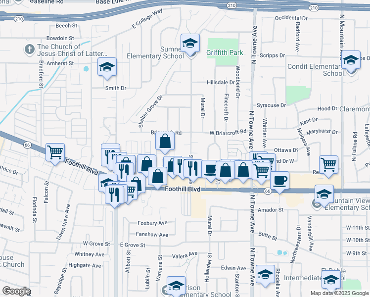 map of restaurants, bars, coffee shops, grocery stores, and more near 488 Fort Lewis Drive in Pomona