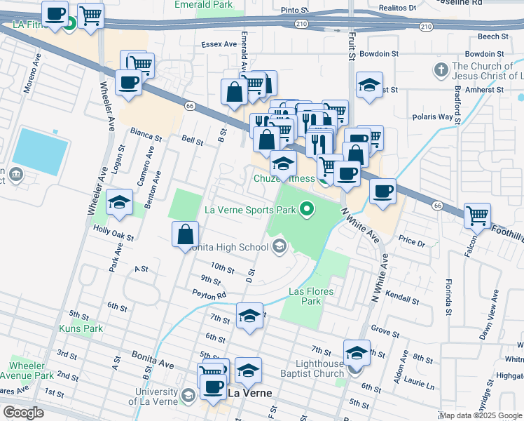 map of restaurants, bars, coffee shops, grocery stores, and more near 198 D Street in La Verne