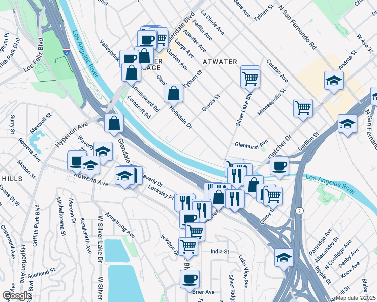 map of restaurants, bars, coffee shops, grocery stores, and more near in Los Angeles