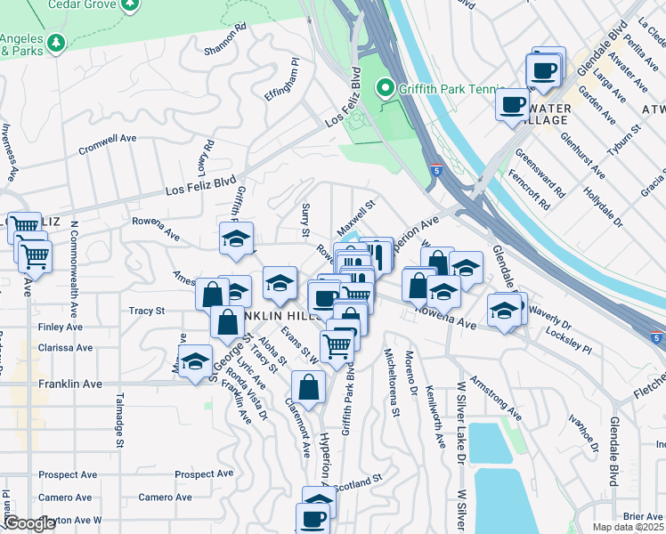 map of restaurants, bars, coffee shops, grocery stores, and more near 2916 Saint George Street in Los Angeles