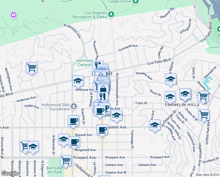 map of restaurants, bars, coffee shops, grocery stores, and more near 2100 Hillhurst Avenue in Los Angeles