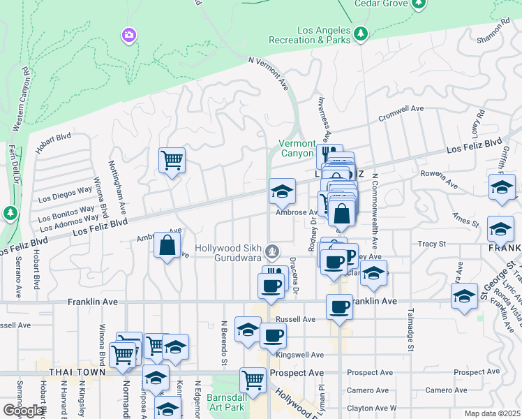 map of restaurants, bars, coffee shops, grocery stores, and more near 4737 Ambrose Avenue in Los Angeles