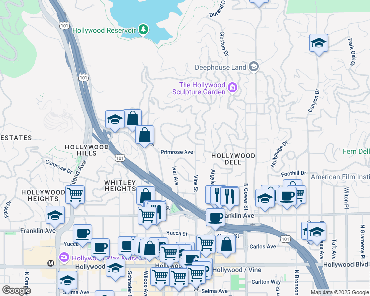 map of restaurants, bars, coffee shops, grocery stores, and more near 6319 Primrose Avenue in Los Angeles