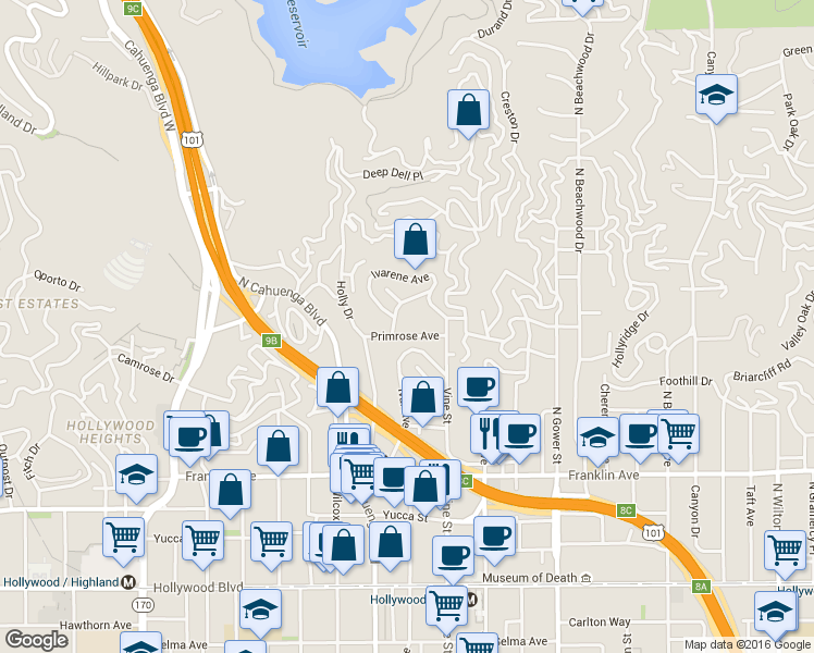 map of restaurants, bars, coffee shops, grocery stores, and more near 6403 Primrose Avenue in Los Angeles