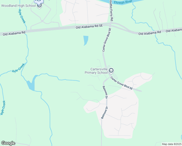 map of restaurants, bars, coffee shops, grocery stores, and more near 23 Ashwood Drive in Cartersville