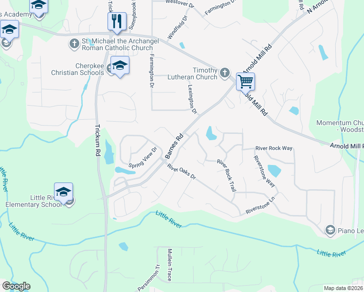 map of restaurants, bars, coffee shops, grocery stores, and more near 3012 River Station Drive in Woodstock