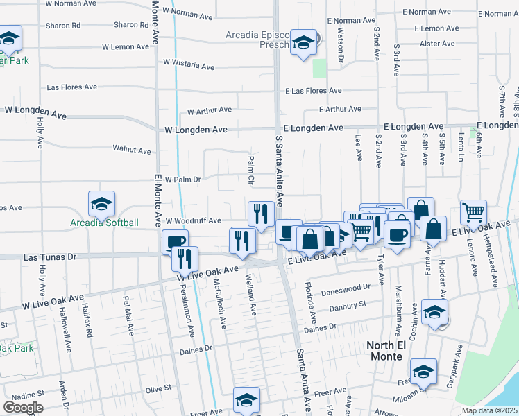 map of restaurants, bars, coffee shops, grocery stores, and more near 18 Bishop Court in Arcadia