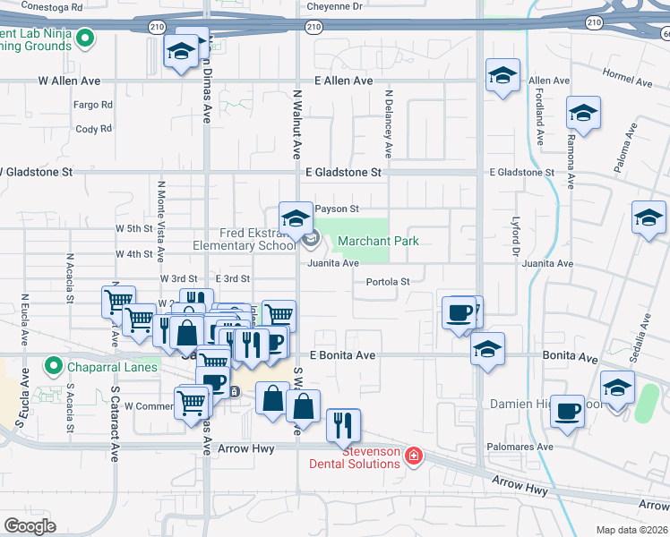 map of restaurants, bars, coffee shops, grocery stores, and more near 346 Juanita Avenue in San Dimas