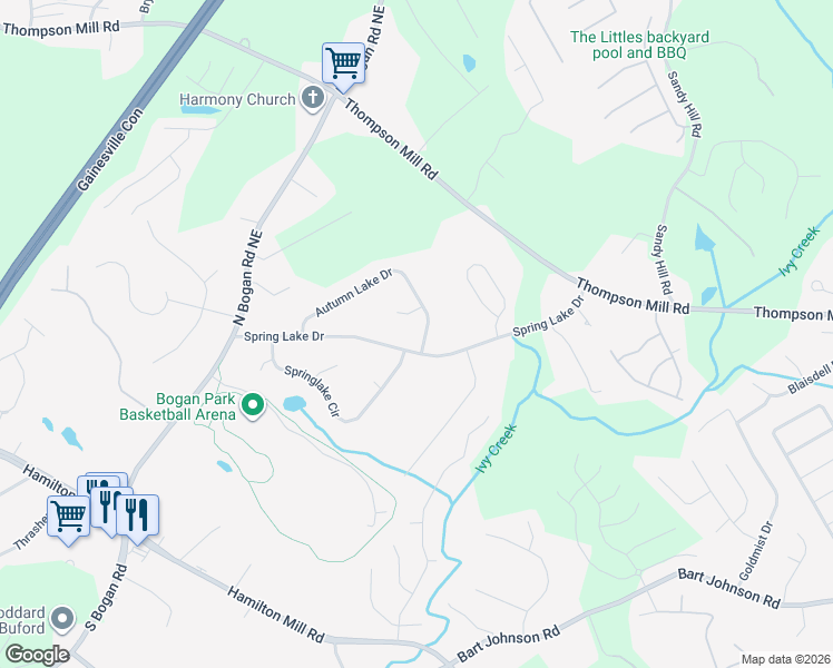 map of restaurants, bars, coffee shops, grocery stores, and more near 4112 Autumn Lake Drive in Buford