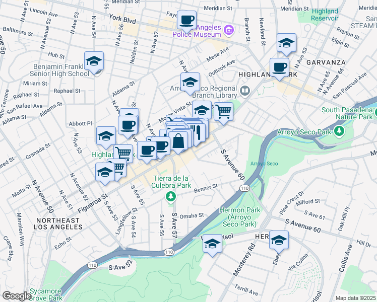 map of restaurants, bars, coffee shops, grocery stores, and more near 5820 North Figueroa Street in Los Angeles