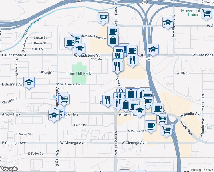 map of restaurants, bars, coffee shops, grocery stores, and more near 1150 West Juanita Avenue in San Dimas