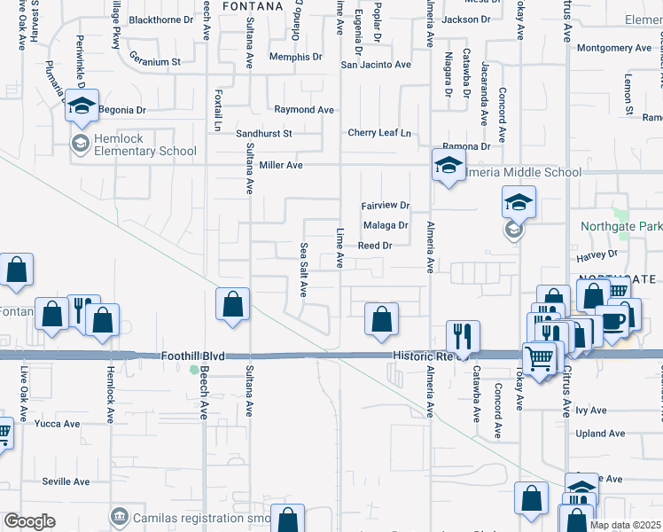 map of restaurants, bars, coffee shops, grocery stores, and more near 15638 Basil Leaf Lane in Fontana