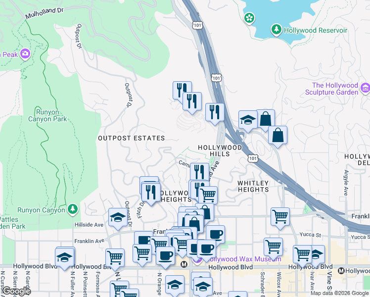 map of restaurants, bars, coffee shops, grocery stores, and more near 2175 Broadview Terrace in Los Angeles