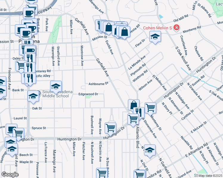 map of restaurants, bars, coffee shops, grocery stores, and more near 1339 Garfield Avenue in South Pasadena